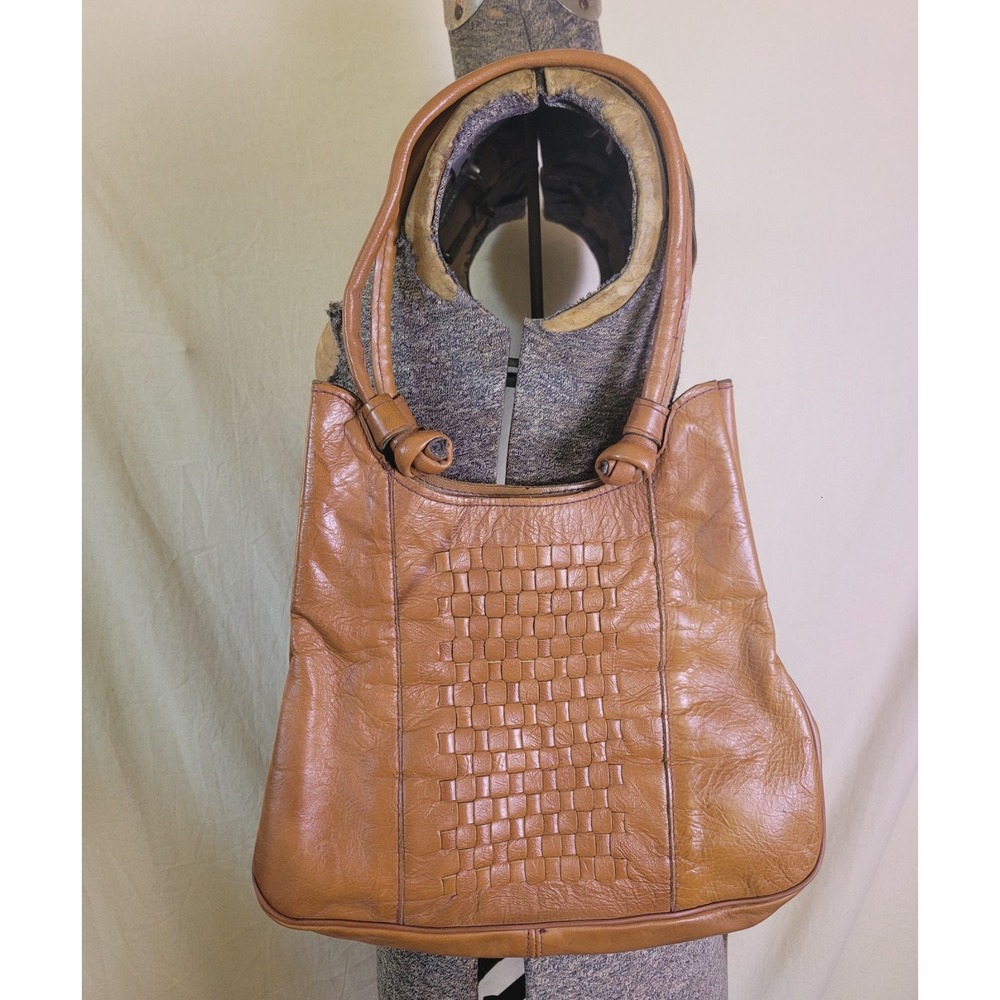 Vintage 60s 70s Brown Leather Woven Shoulder Bag Purse Brown Fall Don Quixote - Picture 2 of 16